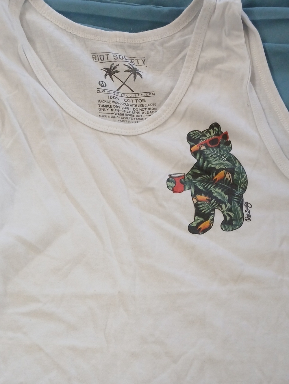 Riot Society White Tank with Tropical Bear Graphic and Red Accents